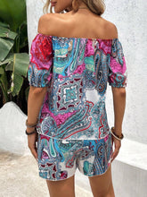 Spring/Summer Printed Off-Shoulder Crop Top And Shorts Set For Holiday/Leisure